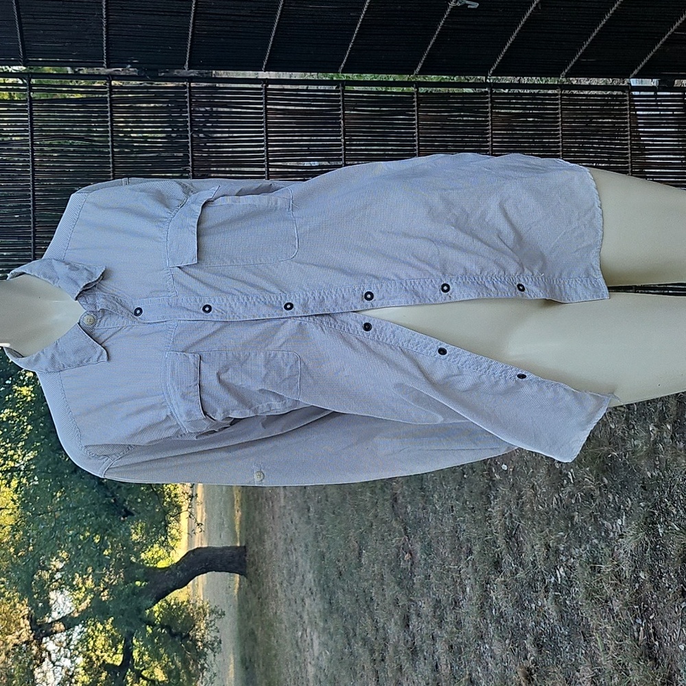 EXOFFICIO Buzz Off Insect Shield Shirt Mens L White Tan Plaid Button Down Vented